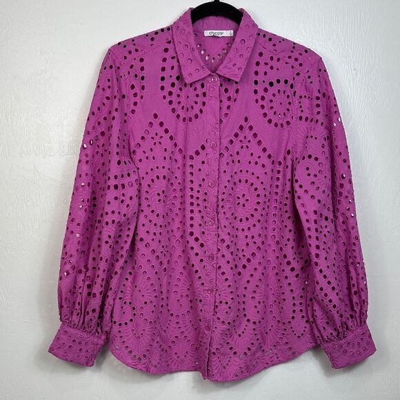 Chicos Cotton Fuschia Eyelet Billow-Sleeve Button Front Blouse Top Size 12 - Picture 2 of 9